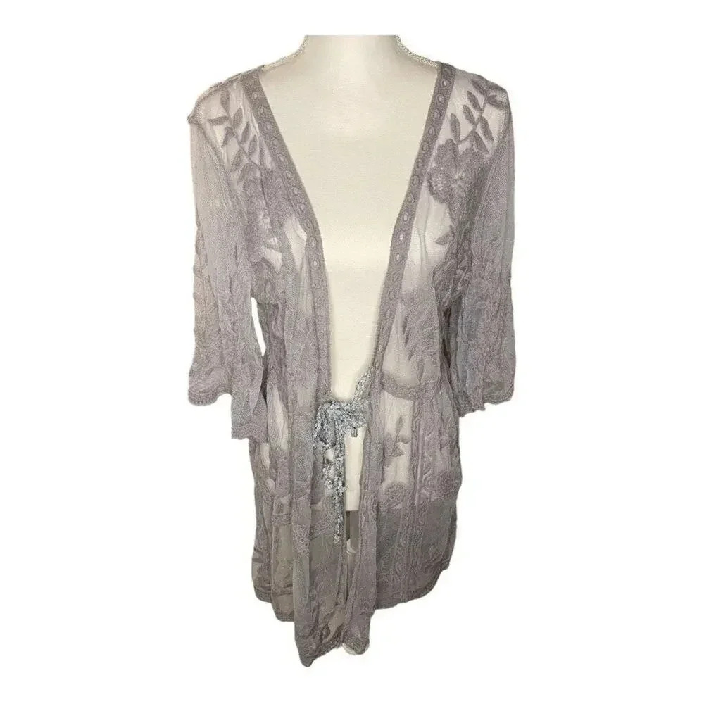 POL‎ Small Medium Gray Lace Floral Embroidered Tie Front Sheer Kimono